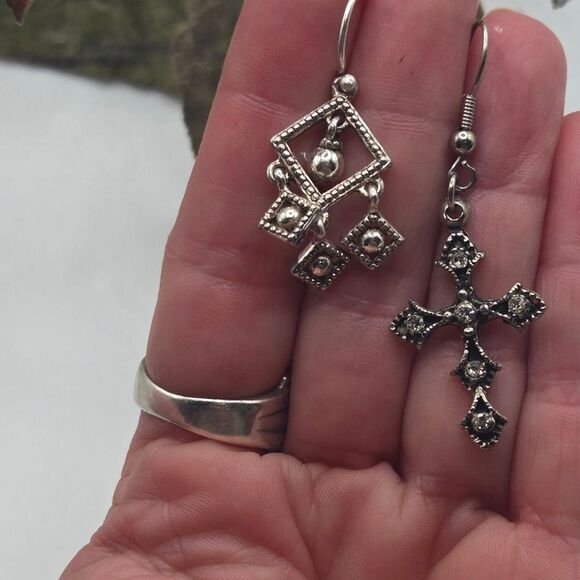 "5/$25" Pair of Silvertone Mismatched Cross Dangle Earrings - Picture 3 of 6